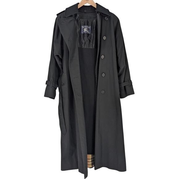 Burberry Black Trench Coat Nova Check Lined Belted Mid Length Wool Size L - Picture 7 of 9